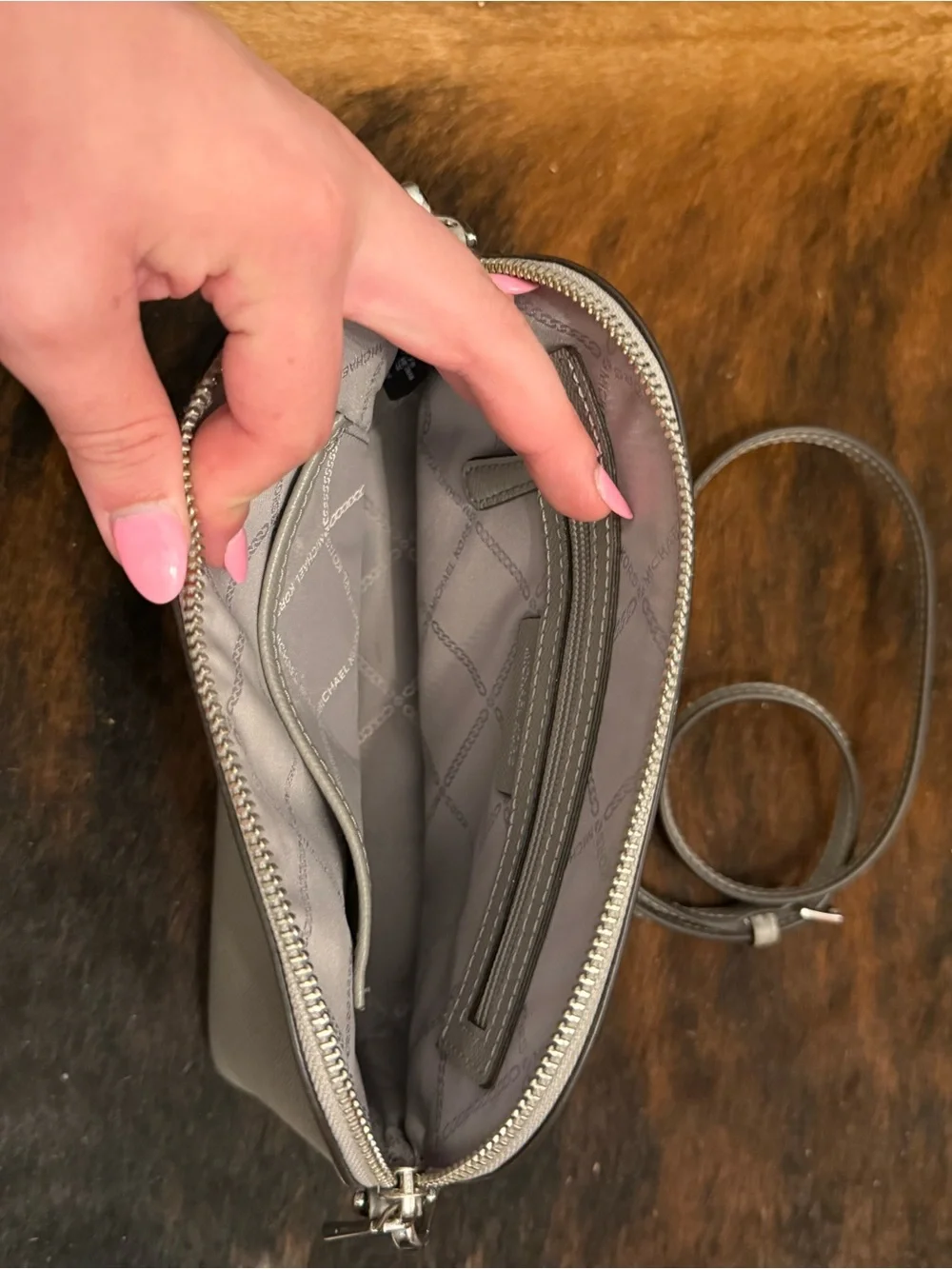 Michael Kors Taupe Pebbled Leather Dome Crossbody with Chain Strap